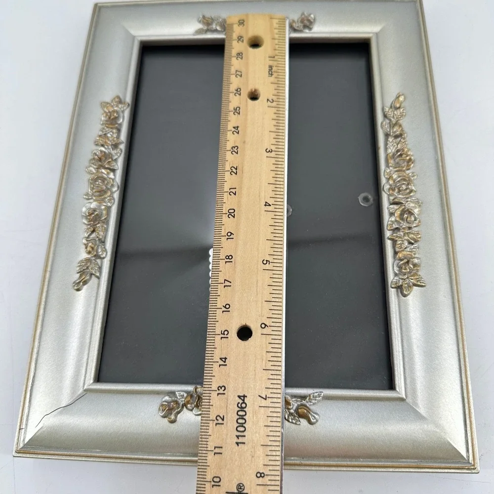 Silver Tone Ornate Floral Rose Picture Frame Tabletop Wall Mount 5x7 Style